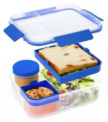 Image de Boîte à repas légère, bleue, d'une contenance de 1 600 ml, sans odeur, pratique pour les déplacements, à quatre compartiments