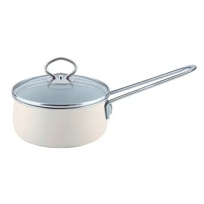 Produktbild von Riess Nouvelle Stielkasserolle mit Glasdeckel Ø16cm 1 Liter Creme Emaille Avorio extrastark