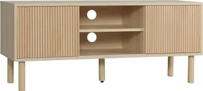 Image de Meuble TV bas - Meuble TV - Portes coulissantes - Compartiments ouverts - Passage de câbles - Pour téléviseurs jusqu'à 127 cm - Bois - Naturel