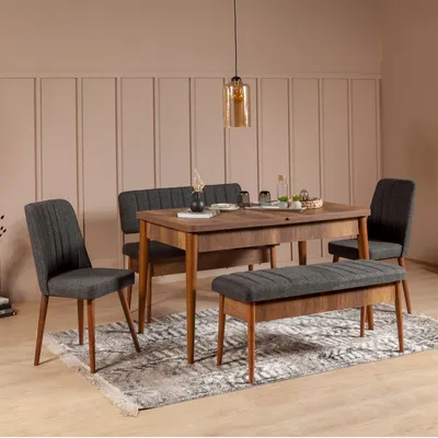Immagine prodotto di Skye Decor, Vina Walnut Anthracite, set composto da tavolo da pranzo allungabile e sedie (5 pezzi), noce, 100% PANNELLI DI PARTICELLE RIVESTITI IN MELAMMINA, 130 x 80 x 77 cm