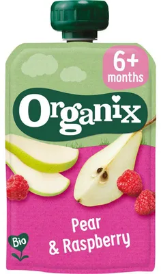 Image de Organix Knijpfruit purée de fruitspoire framboise 100g, dès 6 mois, vegan, sans gluten