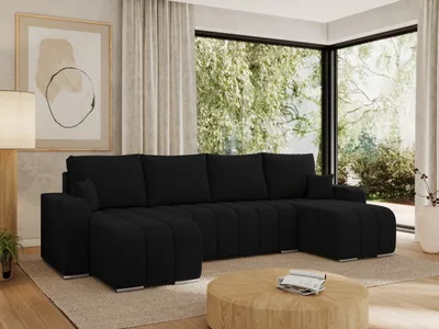 Produktbild von MKS MEBLE Sofa mit Schlaffunktion - Ecksofa mit Schlaffunktion und Bettkasten - Sofa 5 Sitzer - Schlafsofa - Couch - Schlafsofa mit Bettkasten - Kirasso U -Schwarz Boucle