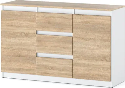 Zdjęcie produktu dla Komoda Nowoczesna Wysoka Agnes 3 Szuflady 120Cm Szafka Biała Dąb Sonoma