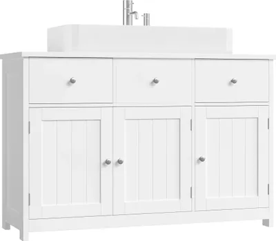 Image de Meuble sous-vasque de salle de bain - Meuble de salle de bain 100 x 30 x 61 cm - 2 tiroirs - 3 portes - Meuble sous-vasque avec lavabo - Blanc
