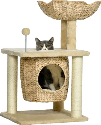 Produktbild von PawHut Katzen Kratzbaum Klein, 74 cm Katzenbaum mit Katzenhöhle, Spielball, Indoor Kletterturm mit Bett, Kratzmöbel für Katzen bis 5 kg, Beige