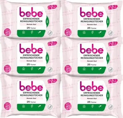 Produktbild von bebe Erfrischende Reinigungstücher (6 x 25 Tücher) mit Rosenwasser natürlichen Ursprungs, Abschminktücher aus Fasern 100% pflanzlichen Ursprungs für normale Haut