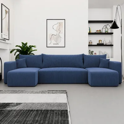Produktbild von Ecksofa U-Form Castelo U Poso 05 Kobaltblau Cord mit Schlaffunktion und Bettkasten