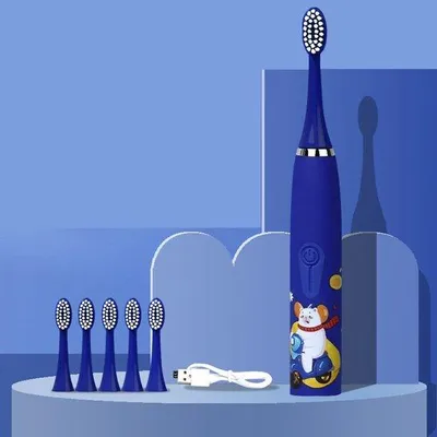 Immagine prodotto di Spazzolino elettrico per bambini, ricaricabile tramite USB, setole morbide, 6 testine - blu scuro