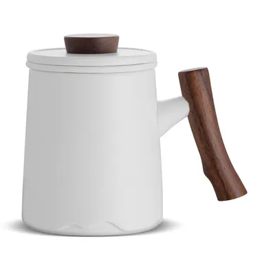 Produktbild von Teetasse mit Deckel und Sieb, 360 ml Keramik Teetasse mit Holzgriff (Weiß)