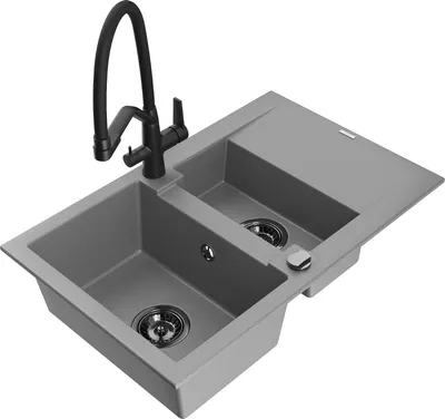Produktbild von Mexen Gaspar 1,5-Becken-Granitspüle mit Abtropffläche und Mischbatterie Duo, Grau - 6507-71-671701-70-B