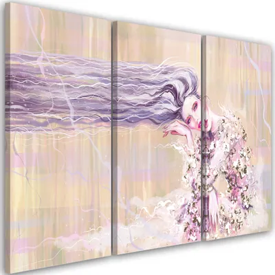 Obrázek produktu pro Triptych na plátně dlouhovlasá žena 60x40 cm Feeby béžový nástěnný obraz připravený k zavěšení