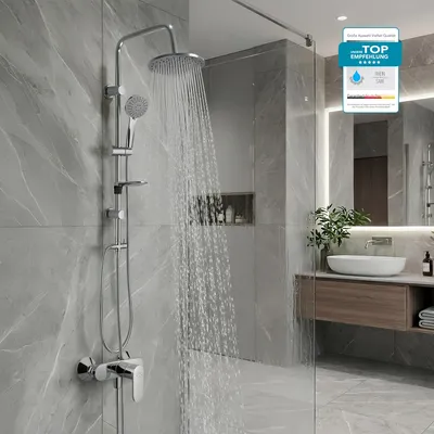 Produktbild von HANSGROHE Duscharmatur Vernis Blend, Duschsystem mit Einhebelmischer und BELVIT Regendusche oder Handbrause, Aufputz Wandmontage, Armatur in Chrom Set