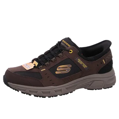 A single brown Skechers sneaker is shown from the side against a white background.