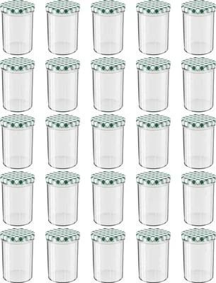 Produktbild von WELLGRO Einmachgläser mit Schraubdeckel - 435 ml, 8,5 x 12 cm (ØxH), Glas / Metall, grün karierte Deckel To 82, Gläser  Germany, verschiedene Mengen wählbar
