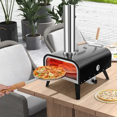 Zdjęcie produktu dla Przenośny zewnętrzny piec do pizzy COSTWAY, piec do pizzy ze stali nierdzewnej z kamieniem do pizzy, skórką do pizzy, termometrem, składanymi nóżkami i torbą transportową