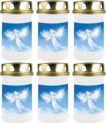 Produktbild von Grabkerze Weiß 6er Pack, Brenndauer: 48 Stunden ( je Kerze ), Motiv: Engel