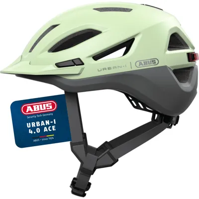 Produktbild von ABUS Stadthelm Urban-I 4.0 ACE - Fahrradhelm mit aufladbarem Rücklicht, 4 Leuchtmodi, Schirm, Zopf-Öffnung und magnetischem Verschluss - für Jugendliche, Frauen und Männer - Größe S, grün