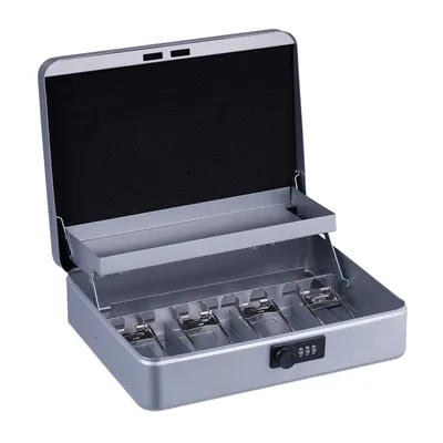 An open silver cash box with a combination lock is shown against a white background.