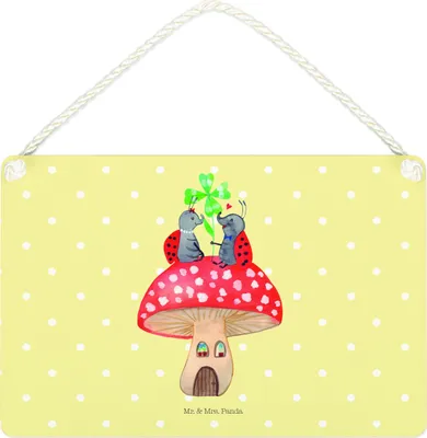 Produktbild von Mr. & Mrs. Panda Schild Marienkäfer Fliegenpilz DIN A4 - Gelb Pastell - Geschenk, Haus, holzbild, Türschild, Zuhause, Holzschild, wandhänger, Wohnung, Lustige Sprüche