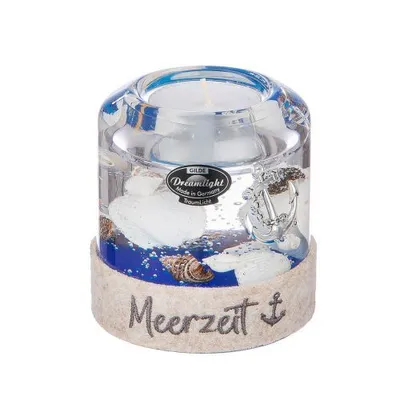 Produktbild von Teelichtleuchter Candela Smart "Ocean" blau/klar, mit Filzbanderole "Meerzeit"