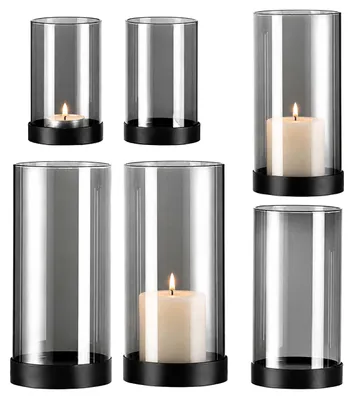 Produktbild von Relaxdays Windlicht 6er Set, Rauchglas mit Metallbasis, 3 Größen, für Stumpenkerzen & Teelichte, Tischdeko, grau/schwarz