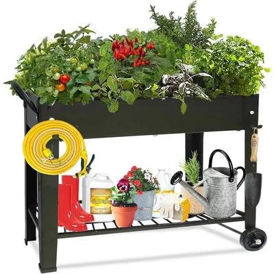 Image de Jardinière surélevée Bac à fleurs potager - 100 x 28 x 80 cm - Métal - Noir - Pour balcon, terrasse et jardin