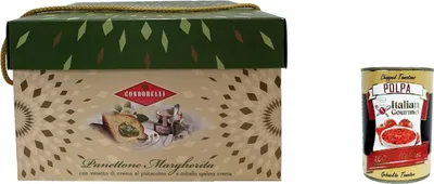 Produktbild von Condorelli Panettone Margherita Mit Glas Pistaziencreme und Sahnemesser 750gr + Italian gourmet polpa 400g