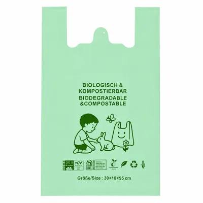 Produktbild von Kompostierbare Hemdchentragetaschen aus Maisstärke 30+18x55 cm 25 µm Grün – 1000 Stück Karton – RyanPack, KI-generiertes Bild