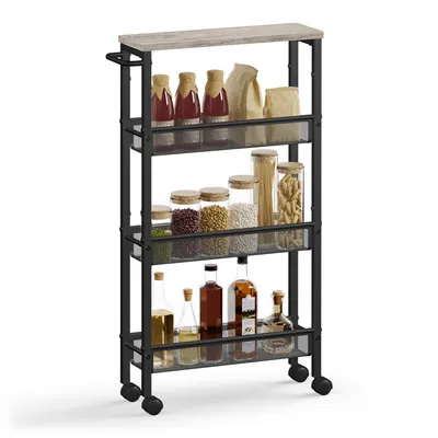 Produktbild von VASAGLE Rollwagen 4 Ebenen, Küchenwagen schmal, Nischenregal auf Rollen, Stahl, Griff, für kleine Räume, 13 x 45,4 x 77 cm, greige meliert-schwarz