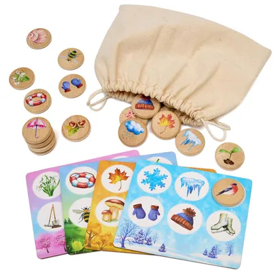 Produktbild von Jahreszeiten-Bingo Lernspiel aus Holz für Kinder ab 3 Jahren, Zählen lernen, 4 Karten, 24 Chips