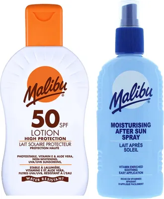 Productafbeelding van Malibu SPF50 waterbestendige zonnebrandlotion 200 ml + aftersun lotion spray 200 ml Bruiningsset
