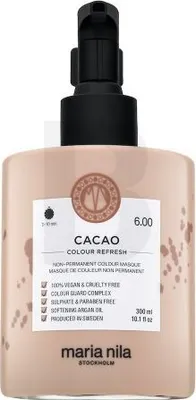 A bottle of Maria Nila Colour Refresh Cacao hair mask with a pump dispenser.