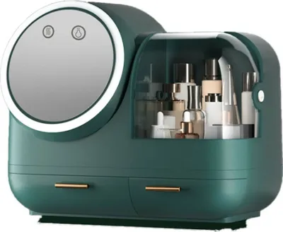Image de 3 couleurs LED Light HD Mirror Cosmetic Box Organiseur cosmétique Grande capacité Boîte de rangement maquillage Recharge USB (Vert)