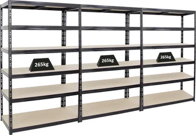Produktbild von Mega Deal | 3x Schwerlastregal Giant Tiger | HxBxT 200x120x60cm | Fachlast 265kg | 6-Ebenen | Schwarz | Garagenregal, Lagerregal, Steckregal, Kellerregal, Werkstattregal