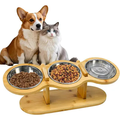 Produktbild von Futternapf Katze Erhöht, Futterstation Katzen 3er Set Näpfe Erhöht, Katzennapf Höhenverstellbar, Fressnapf Futterbar mit Ständer Edelstahl Näpfe