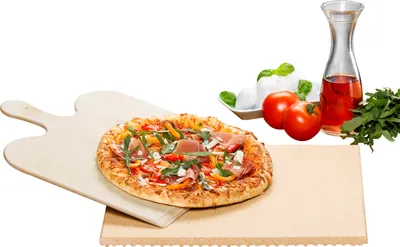 Produktbild von Pizza-/Brotbackstein Set PS 16, Stein aus natürlicher Schamotte, Holzschaufel, 35,00 x 35,00 x 1,40 cm