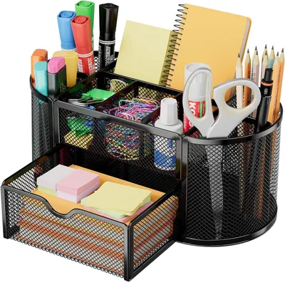 Produktbild von Schreibtisch Organizer,stiftehalter schreibtisch,Mesh Metall Desktop Büro Organizer mit 8 Stifthaltern und 1 Schublade,Es Platz zu Hause
