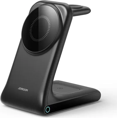 A black 3-in-1 wireless charging station for smartphones, headphones, and smartwatches.