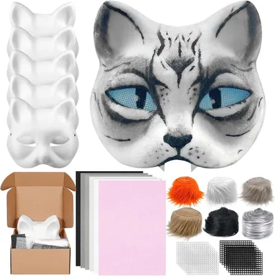 Productafbeelding van Kattenmaskers om te beschilderen - Doe-het-zelf papieren masker met kunstvacht en oogmesh - Therian masker - Carnaval