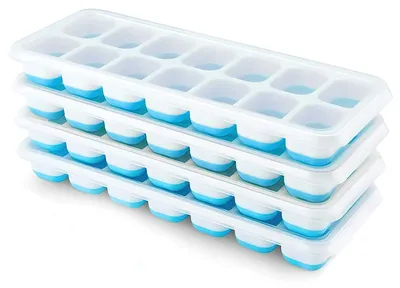 Immagine prodotto di 4 stampi in silicone per cubetti di ghiaccio, con coperchio, colore blu