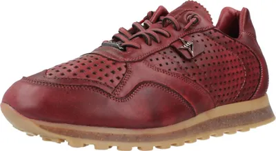 A single red leather sneaker is shown from a side angle against a white background.