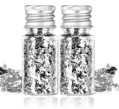 Immagine prodotto di Scaglie di foglia d'oro per decorazioni, ideali per l'artigianato e le unghie, confezione da 2 flaconi, colore argento