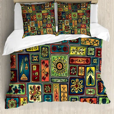 Zdjęcie produktu dla Zestaw pościeli ABAKUHAUS Hipster, abstrakcyjne bazgroły, kwiaty, liście i serca w geometrycznych kształtach – prostokąty i kwadraty, 155 x 220 cm + 80 x 80 cm, wielokolorowy