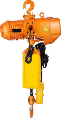 An orange electric chain hoist with a yellow cover and a black control cable is shown against a white background.