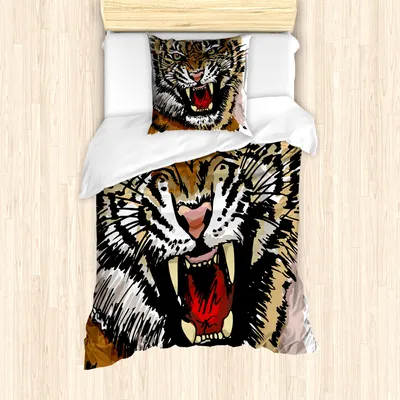 Produktbild von ABAKUHAUS Tiger Mantele, Verärgerte Augen Skizze-Kunst, Milbensicher Allergiker geeignet mit Kissenbezügen, 135 cm x 200 cm - 80 x 80 cm, Mehrfarbig