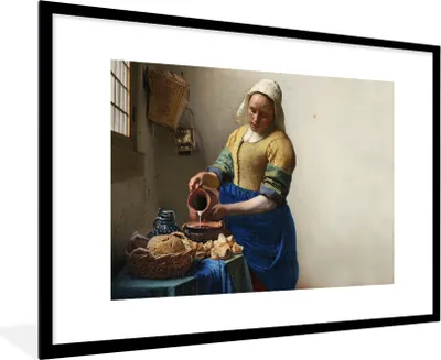 Produktbild von MuchoWow® Gerahmtes Poster Das Milchmädchen - Kunst - Alte Meister - Vermeer 90x60 cm - Poster mit Schwarzem Bilderrahmen Wandposter Rahmen Foto Bilder - Wanddekoration - Fotos