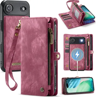 Produktbild von Schutzhülle für iPhone Air, Vintage Multifunktions Lederhülle, Kartenfächer, Reißverschluss Hülle Rot
