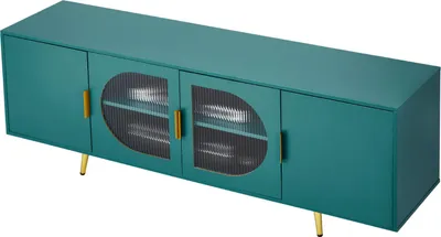 Immagine prodotto di SucceBuy Porta TV per TV fino a 75 pollici, tavolo TV con ante in vetro, mobile TV con gambe color oro e ripiani regolabili, consolle per soggiorno o camera da letto, verde
