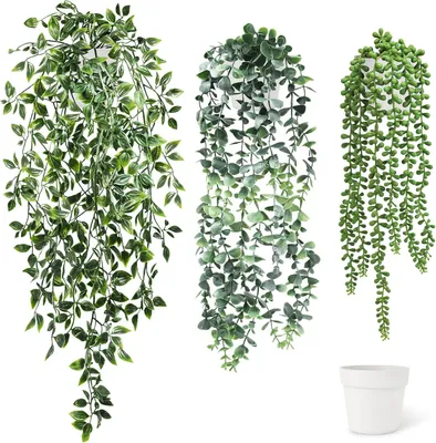Produktbild von 3 Stück Hängepflanze Künstlich mit Topf, 47-72 cm Kunstpflanze Hängend, Künstliche Hängepflanzen wie echt Artificial Plants Plastikpflanzen Deko für Indoor Outdoor Draußen Garten Deko