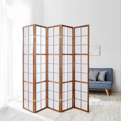 Obrázok produktu pre Homestyle4u Paraván na rozdelenie miestnosti 5 kusov drevo hnedý tabak ryžový papier biely výška 175 cm